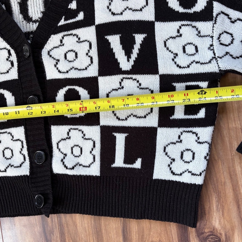 Just Polly NY Checkerboard Cardigan LOVE‎ Floral Graphic Knit M - Picture 5 of 7